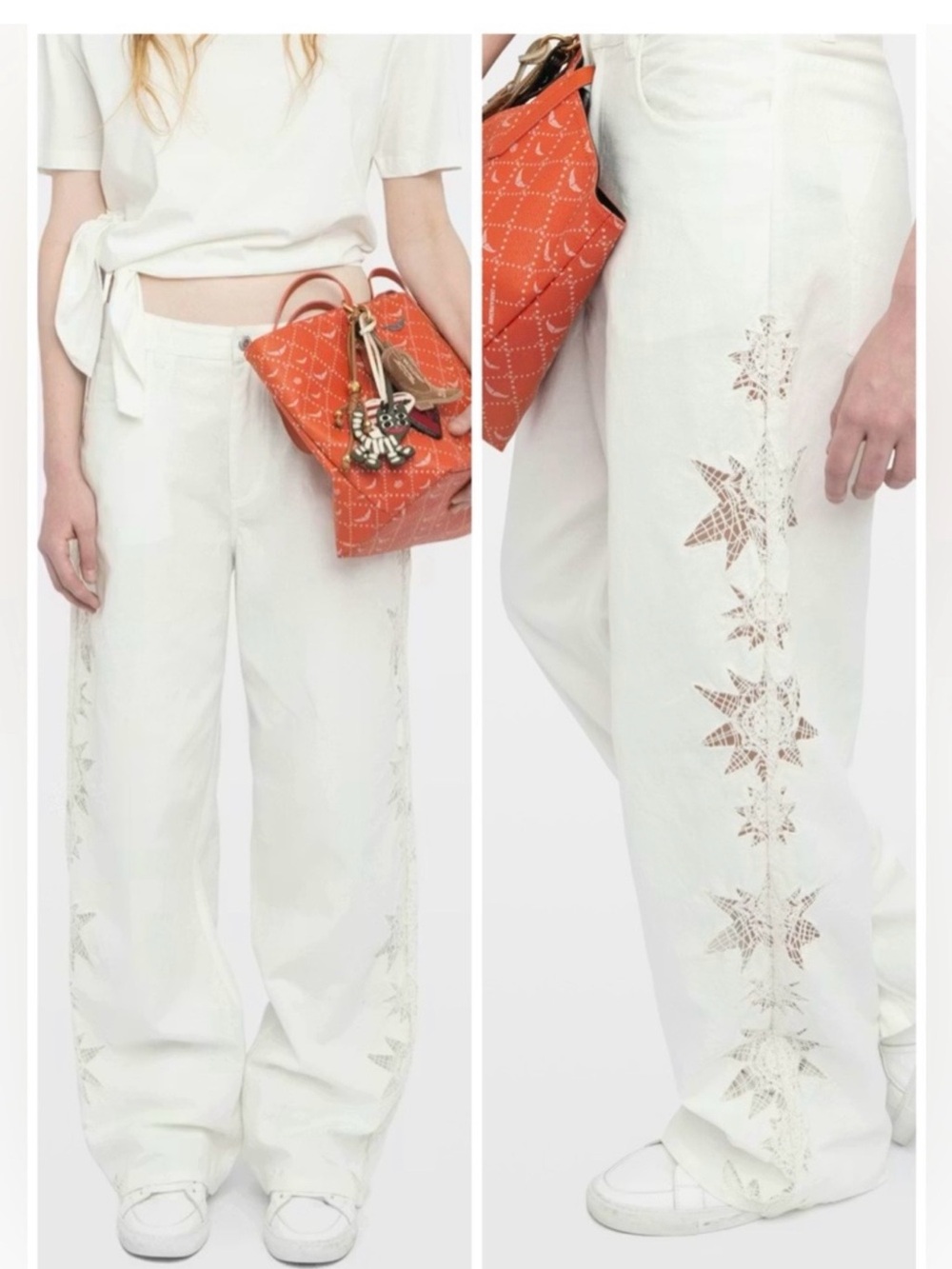 NWT Zadig & Voltaire Elfy Cotton Linen Embroidered Pants White Size FR 42 US XL